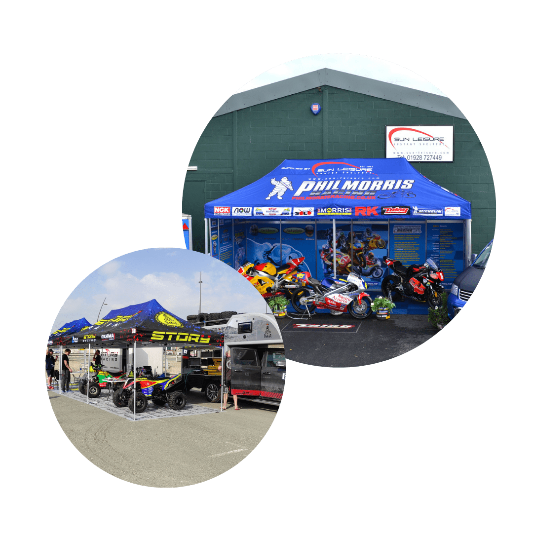 Images of motocross gazebos at events.